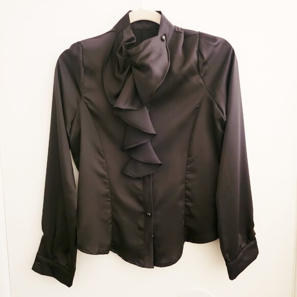NWOT Shiny Black Blouse with Cascade Ruffle, Med - Picture 1 of 9